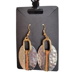 Gold Silver Tone Hammered Oval Dangle Earrings Mixed Metal Drop Jewelry